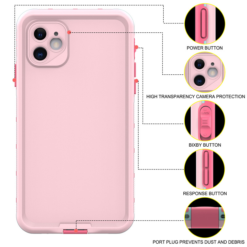 Vandbestandig cellekasse, vandtæt iPhone-kasse, bedst vandtæt kasse for iPhone 11 () pink) med fast farveomslag