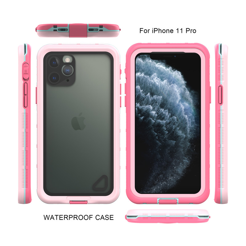 Iphone 11 pro livbeskyttet taske, vådtæt telefonpung, bedste vandtæt puch til iphone 11 pro (pink) med gennemsigtigt bagcover