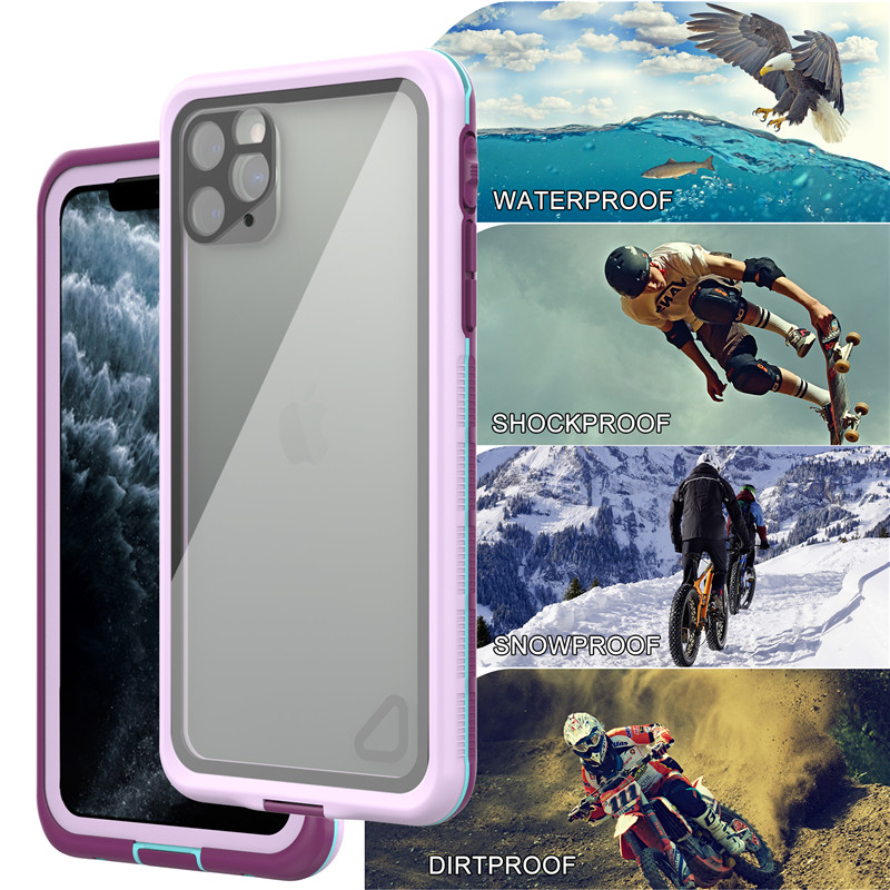 Vandsikker telefonlomme bedste billige vandtæt iPhone 11 pro max tilfælde udødelig vandtæt iPhone case (lilla) med gennemsigtig bagside